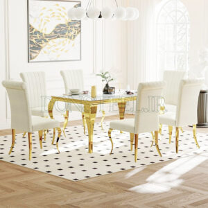 میز ناهارخوری استیل مدل سم آهویی طلایی در فضای اتاق همراه با صندلی