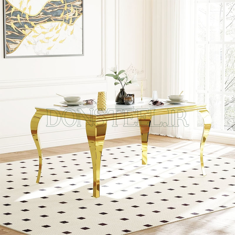 میز ناهارخوری استیل مدل سم آهویی میز ناهارخوری استیل مدل سم آهویی طلایی در فضای اتاق