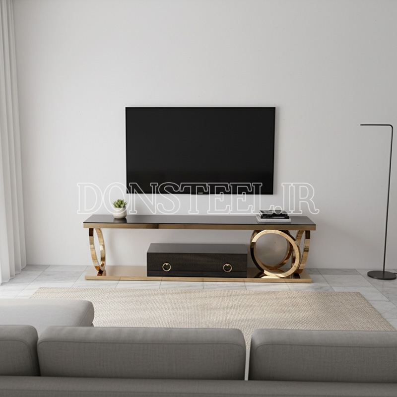 میز تلویزیون استیل مدل چهارحلقه 1 میز تلویزیون استیل مدل چهارحلقه طلایی