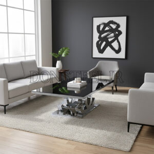 میز جلومبلی استیل نقره ای مدل شنل با رویه شیشه مشکی در دکوراسیون مدرن اتاق نشیمن