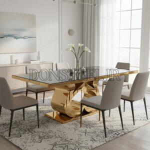 میز ناهارخوری استیل طلایی مدل اروس با رویه شیشه مشکی در چیدمان لوکس اتاق غذاخوری