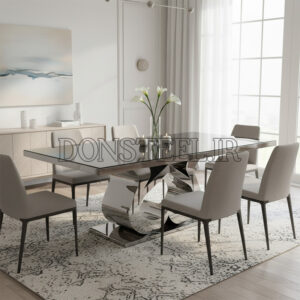 میز ناهارخوری استیل نقره ای (کروم) مدل اروس با رویه شیشه مشکی در دکوراسیون مدرن