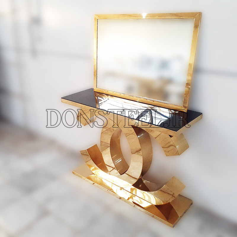 میز کنسول استیل مدل شنل 3 ست میز کنسول و آینه استیل طلایی مدل شنل با رویه شیشه مشکی